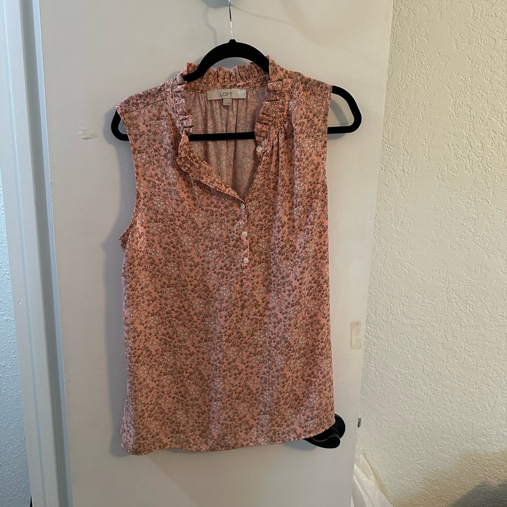 LOFT light Coral  Floral Ruffle Neck Sleeveless Top